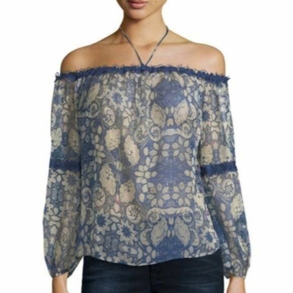 Foxiedox Floral Off The Shoulder Boho Blouse Blue Size Small - Picture 1 of 7